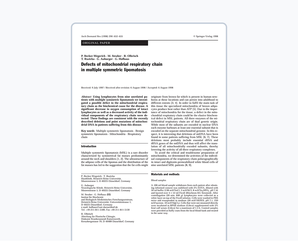 Defect of mitochondrial respiratory chain in multiple symmetric lipomatosis