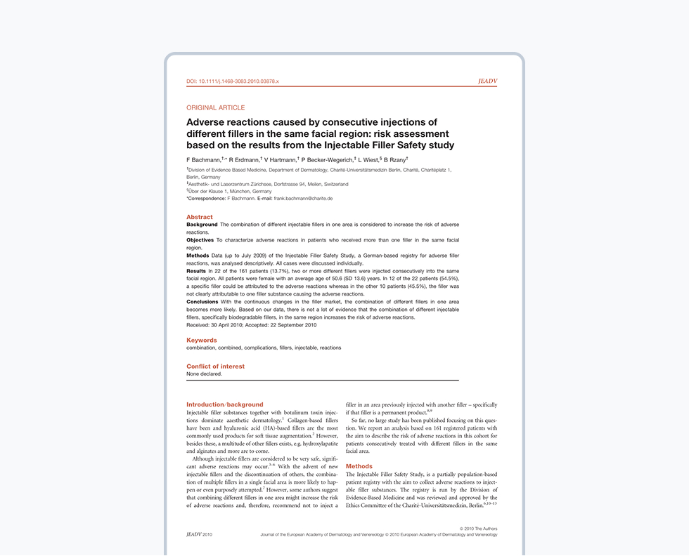 Adverse reactions caused by consecutive injections of different fillers in the same facial region: risk assessment based on the results from the Injectable Filler Safety study